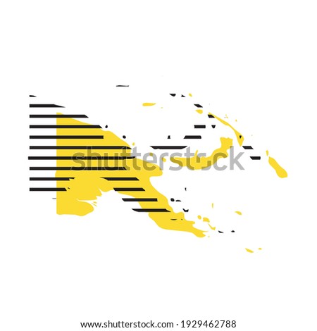 Papua New Guinea - yellow country silhouette with shifted black stripes. Memphis Milano style design. Slimple flat vector map.