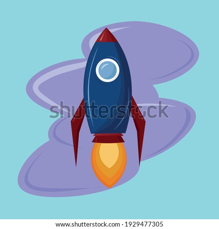 Colored illustration of rocket on the sky with purple clouds