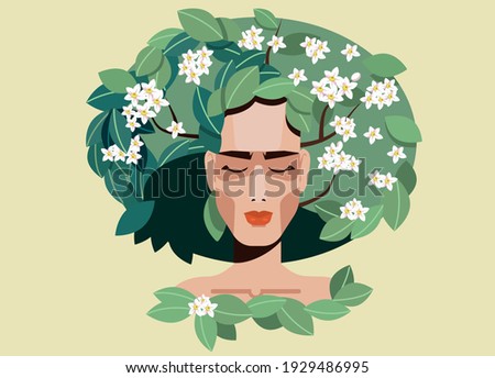 Spring woman with white flowers. Vector illustration
