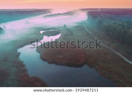 Rural landscape in the morning with blue pink sky, aerial view. Aerial view of countryside during sunrise. 