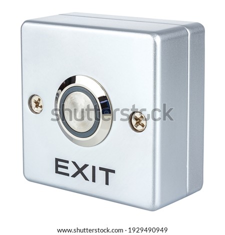 EXIT button in matte aluminium case isolated on white background