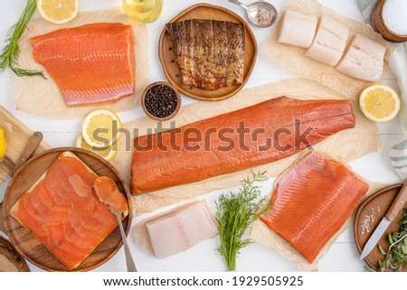 Fresh alaskan seafood fish. Salmon, halibut, and cod. Smoked salmon, sockeye salmon and coho salmon.