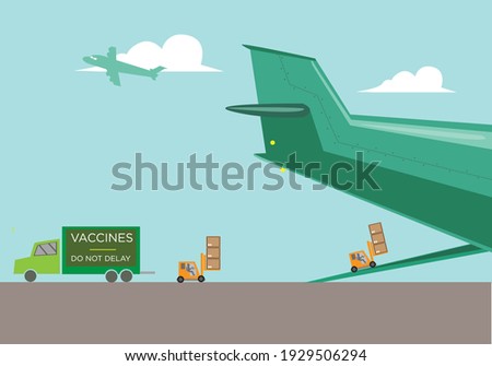 Vaccines being transported via air cargo plane to stop the pandemic. Editable Clip Art. 
