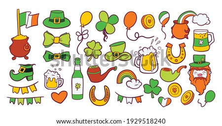 Saint Patrick's day celebrations, 17 March, celebration themed vector illustrations set, collection of hand drawn clip art drawings and elements.