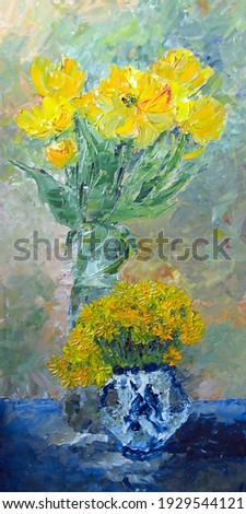 Yellow spring flowers tulips and dandelions on a texture background, oil painting