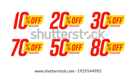 Special offer discount label with different sale percentage. 10, 20, 30, 70, 50 percent off price reduction badge promotion design emblem set vector illustration isolated on white background Royalty-Free Stock Photo #1929544985