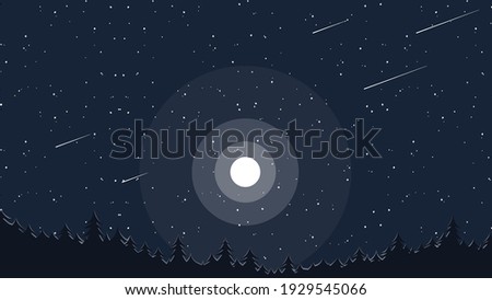 Forests at night with moon and stars in flat style. Vector, landscape illustration.