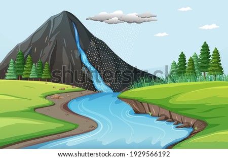 Nature scene with water falls from stone cliff illustration
