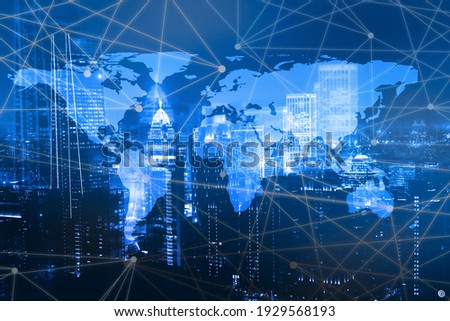 Double business network trading on city technology background. Element of this image furnished by NASA
