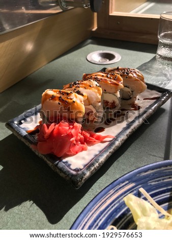 Japanese food on a plate, sushi, rolls, ginger. Healthly food.