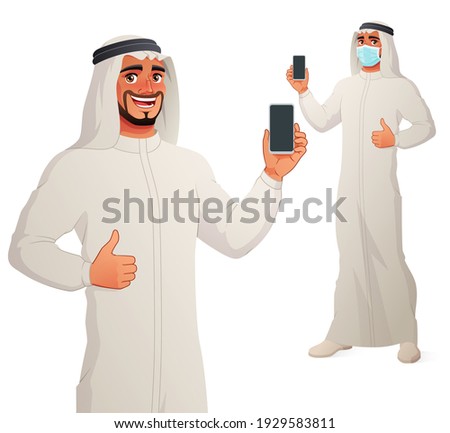 Arab man in keffiyeh showing blank vertical smartphone screen with thumb up. Vector cartoon character isolated on white background. Release clipping mask for full size.