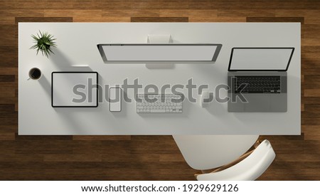 3D rendering, white table with computer, laptop, tablet, smartphone and decorations, top view, clipping path, 3D illustration