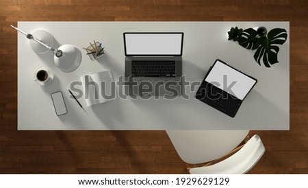 3D rendering, white table with laptop, tablet, stationery, smartphone and decorations, top view, clipping path, 3D illustration