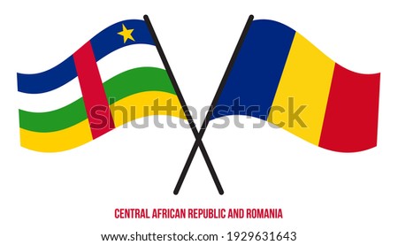 Central African Republic and Romania Flags Crossed And Waving Flat Style. Official Proportion.
