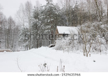 Little wooden house somewhere deep in the winter forest. White seasonal landscape. Beautiful nature view