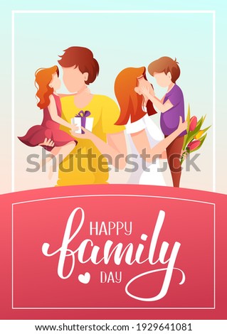 Happy Family Day greeting card. Parents with their children. Calligraphy and hand drawn lettering. A4 vector illustration for card, postcard, poster, banner.