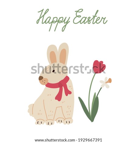 Cute bunny with ribbon bow and a spring flowers tulip and daffodil. Vector illustration isolated on white. Happy Easter hand drawn lettering. Nice greeting card.	
