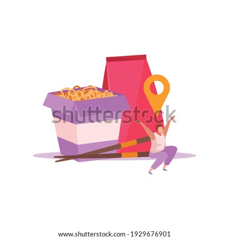 Food delivery flat composition with isolated images of meal and location signs vector illustration