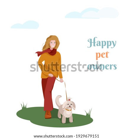A happy girl in spring clothes walks on the street with her favorite dog of the lapdog breed. Happy pet owners. Vector illustration