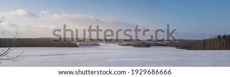 Winter landscape on a sunny day. Forest and field, pine and spruce trees in the snow, bright blue sky. Panorama background for design.