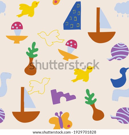 Seamless pattern of abstract minimalist elements. Simple shapes, nature, house, objects, birds.  Design elements are hand-drawn, stylized as a child's drawing. Vector.