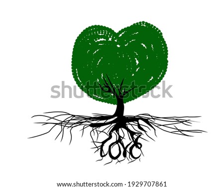 Vector of a tree with love shape leaves and roots inscribed with love