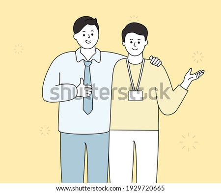 I greet other people with shoulder to shoulder with my co-worker illustration set. friend, introduce, doodle, company.  Vector drawing. Hand drawn style. Royalty-Free Stock Photo #1929720665