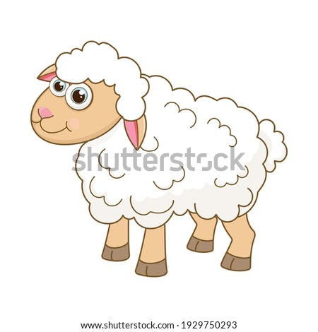 Young Sheep. Cartoon character Lamb isolated on white background. Template of cute farm animal. Education card for kids learning animals. Suitable for decoration and design. Vector in cartoon style