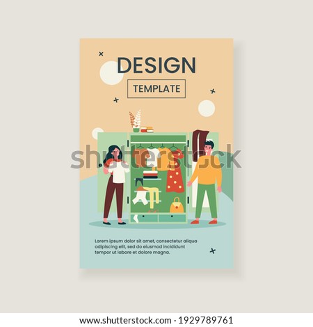 Smiling couple choosing clothes. Wardrobe, dress, t-shirt flat vector illustration. Fashion and relationship concept for banner, website design or landing web page