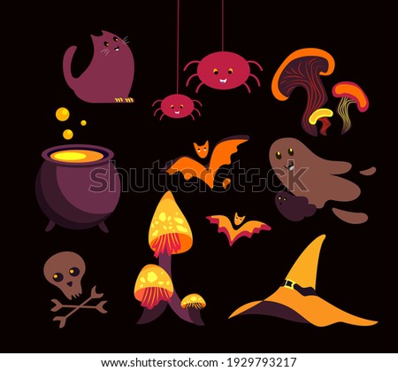 Halloween Bright Set with Objects for Witch.Creative Flat Vector Elements.Funny Mushrooms, Fairy Amanita,Ghosts,Spiders,Bats,Cat,Boiling Pot Cauldron.Halloween Party Collection.Vector Set Illustration
