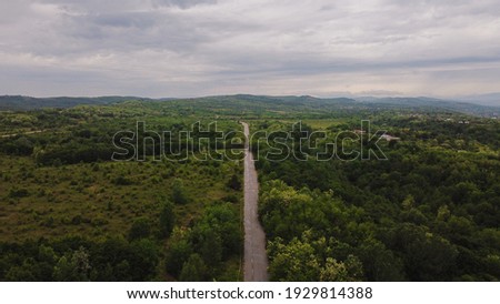 An aerial shot of a narrow road through dense forests in the countryside on the background of the sky