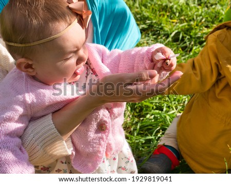 A little baby girl enjoys the almond tree flowers in spring