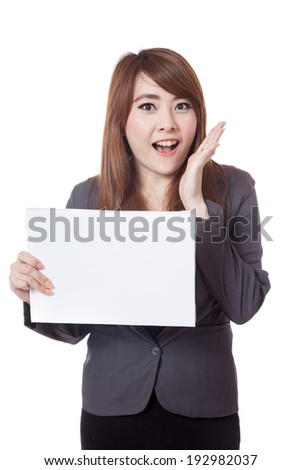 Asian businesswoman surprise with a blank card isolated on white background