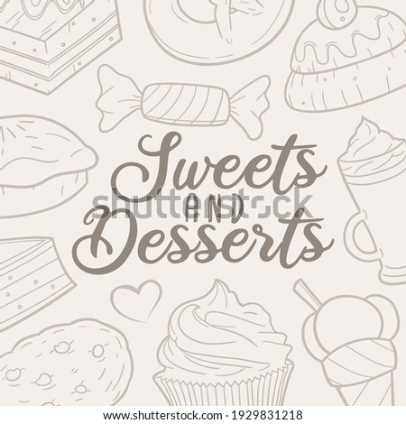 Sweets Doodle Banner Icon. Desserts Vector Illustration Hand Drawn Art. Line Symbols Sketch Background.