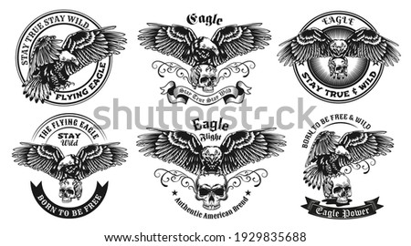 Monochrome labels with eagle and skull vector illustration set. Retro emblems with flying predator bird with human skull. Wildlife and animals concept can be used for retro template
