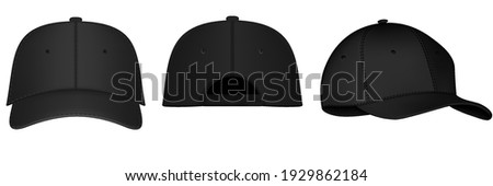 Black baseball cap. Realistic back, front and side view black baseball cap isolated on white background vector illustration. Design template, vector eps10 illustration.