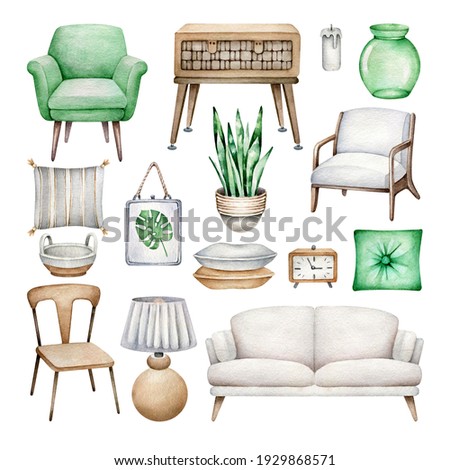 Watercolor interior elements.Cozy home.Furniture.Objects isolated on white background
