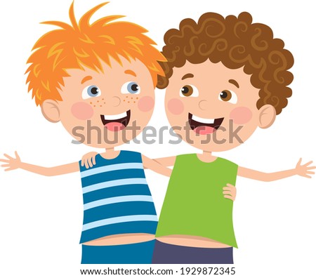 The boys are friends. We are glad to hug each other. Vector illustration in a flat style.