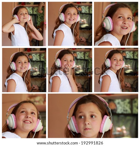 Set of images of smiling little girl with headphones listening to music in her room in the house