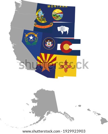 vector illustration of Map of US federal state of Mountain western region with state flag inside the map of Western region of USA
