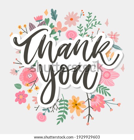 Cute Thank You Script Card Flowers Letter text Royalty-Free Stock Photo #1929929603