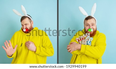 Funny Easter bunny. Mood switch on male face. Happy and angry, splitting personality. Modern interface and human emotions. Contemporary artwork, facial expression in tech world. Digital emoji portrait