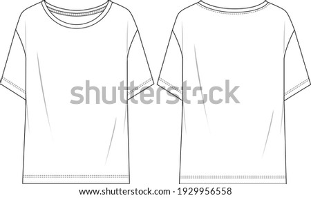 Women's Short Sleeve, Basic T-shirt. Jersey top technical fashion illustration with short sleeves. Flat apparel t-shirt template front and back, white color. Unisex CAD mock-up. Royalty-Free Stock Photo #1929956558