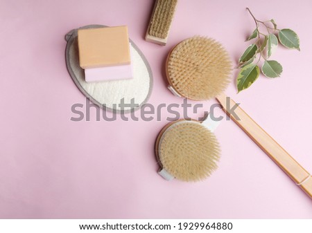 Flat lay beauty photography natural soap with rose and olive  oil. Organic cosmetic products for skin care ,body brush

