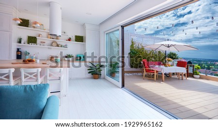 open space kitchen with sliding doors and rooftop patio Royalty-Free Stock Photo #1929965162