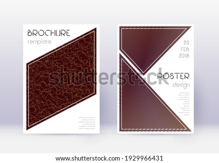 Triangle cover design template set. Gold abstract lines on maroon background. Great cover design. Rare catalog, poster, book template etc.