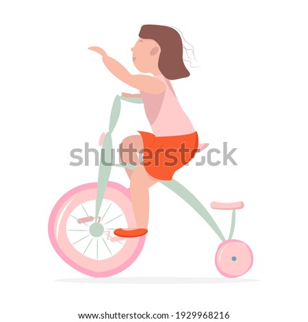 girl rides a tricycle with her hand raised. Vector illustration