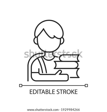 Schoolboy linear icon. Early childhood development. Elementary school. Early adolescence. Thin line customizable illustration. Contour symbol. Vector isolated outline drawing. Editable stroke Royalty-Free Stock Photo #1929984266
