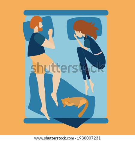 Vector illustration of a modern bedroom in blue and yellow tones. Large double bed, top view, family with pets sleeping together.