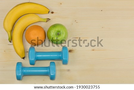 Healthy food and fitness concept stock photo wood background